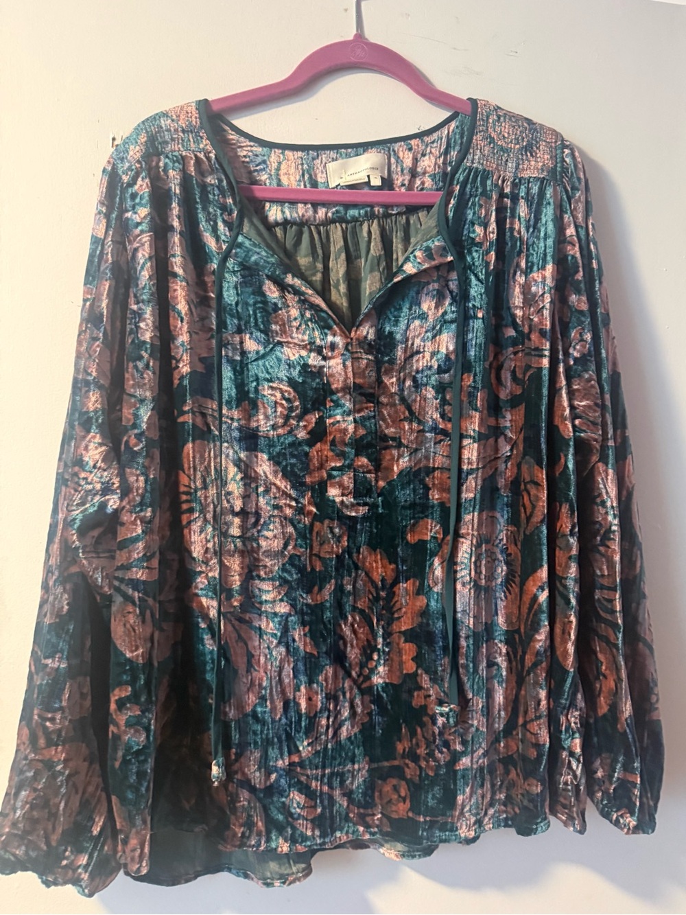 Anthropologie Boho Floral Velvet Peasant Top - Green & Copper